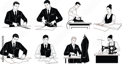 Professional Tailors and Seamstresses Working with Fabric, Cutting, Ironing, and Sewing — Fashion Design and Garment Making Vector