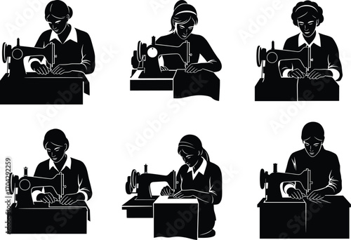 Seamstress silhouettes sewing at machines: six variations of people working at sewing machines, tailor craft vector icon set