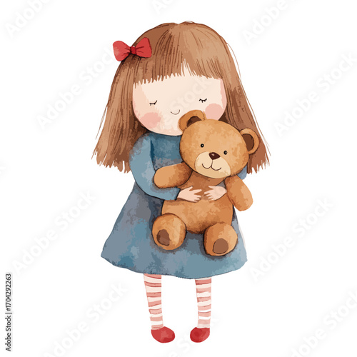 Watercolor Illustration of a Girl Tenderly Hugging her Brown Teddy Bear