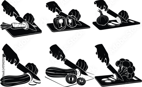 Severed hands slicing vegetables six black‑white vector illustrations showing chopping carrot, bell pepper, onion, zucchini, tomato, broccoli on cutting board