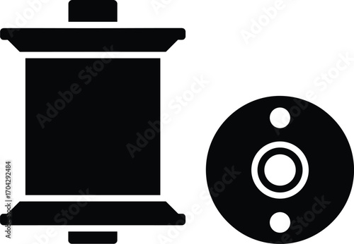 Sewing thread spool and bobbin vector icon illustration, black silhouette tailoring tools, embroidery equipment design for sewing machine projects
