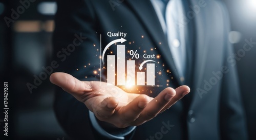 Business man holding a bar chart showing growth in quality and cost reduction