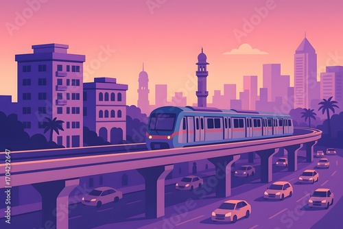 Modern flat vector illustration of a Hyderabad Metro train on its elevated line weaving through buildings and busy city traffic below.

