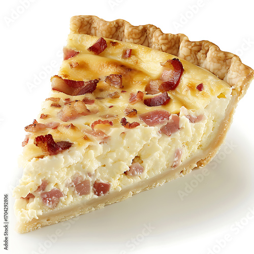 A slice of bacon cheese quiche with a golden crust and visible bacon pieces