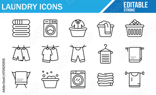 Set of detergent, clothes, and washing machine outline icons in vector style