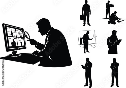 Silhouette Investigators Analyzing CCTV Surveillance, Digital Forensics, Security Professionals Working with Technology, Crime Scene and Data Investigation Concept