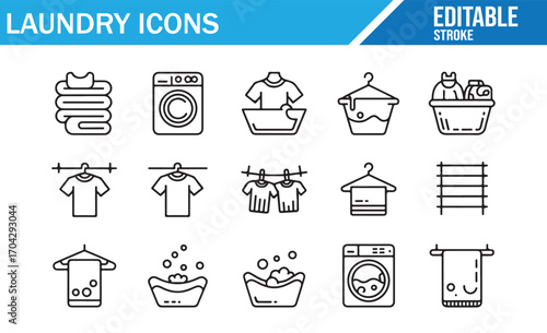 Editable stroke laundry icons set with washing machine, basket, and detergent
