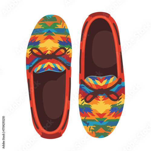 Colorful moccasin loafers with a vibrant Southwestern geometric pattern and front tie detail.