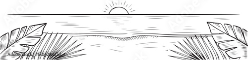 Seascape with Horizon and Tropical Leaves Hand Drawn Vector Illustration Nature