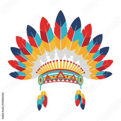 Colorful Native American headdress with vibrant feathers, traditional tribal chief war bonnet illustration.