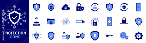 Protection Icons Set – Cybersecurity, Data Safety, Privacy, Shield, Lock and Secure Network Symbols Isolated on Transparent Background