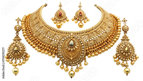Gorgeous gold necklace and earring set isolated on transparent background, showcasing intricate details of indian jewelry artistry and opulence