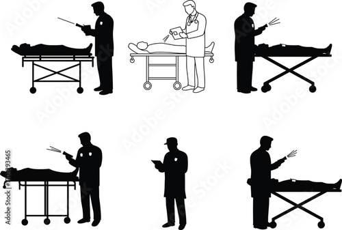 Silhouette of forensic doctor examining body on stretcher, crime scene investigation, medical autopsy process vector, black and white illustration