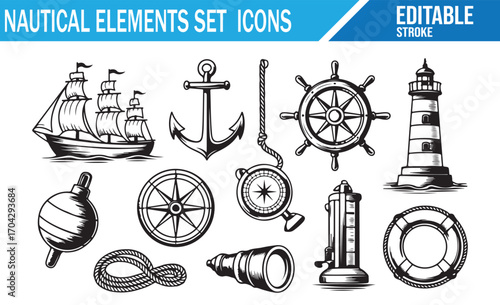 Editable line art nautical set for marine, travel, and exploration illustrations