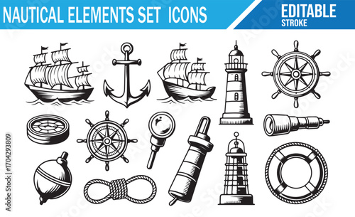Nautical symbol pack with lighthouse, ship, and marine tools illustrations
