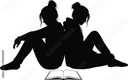 Silhouette of Two Girls Sitting Back-to-Back with Book, Friendship, Study, or Conflict Concept in Vector Art Style