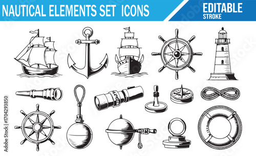 Outline style maritime elements including compass, rope, lifebuoy, and buoy