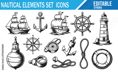 Editable stroke nautical icons set featuring ship, anchor, helm, and lighthouse