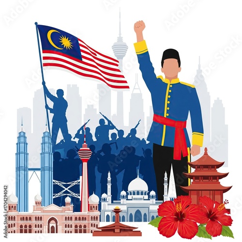 Illustration of man in traditional attire raising fist with Malaysia flag and landmarks background