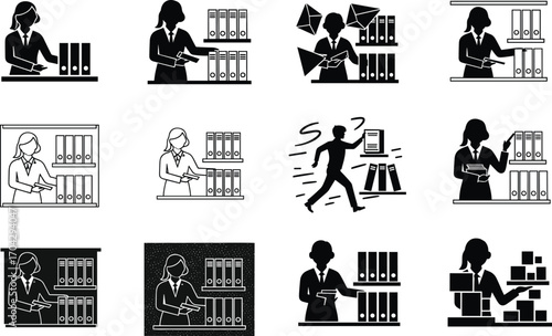 Silhouette Office Workers Managing Files and Folders, Organizing Documents in Cabinets, Workplace Storage, Clerical Task, Administration Illustration