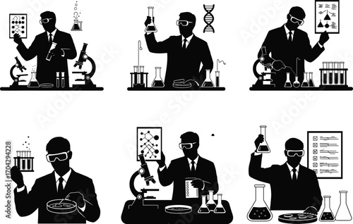 Silhouette scientists in laboratory performing experiments – chemistry research, microscope work, DNA analysis, test tubes, science lab vector art