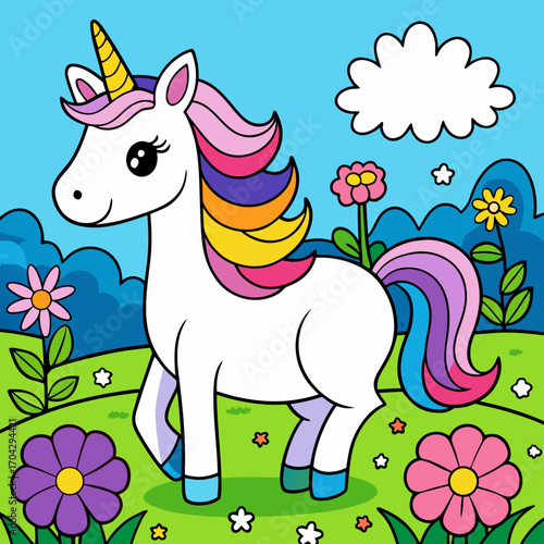Colorful Cartoon Unicorn in Flower Garden – Cute Fantasy Animal Illustration for Kids