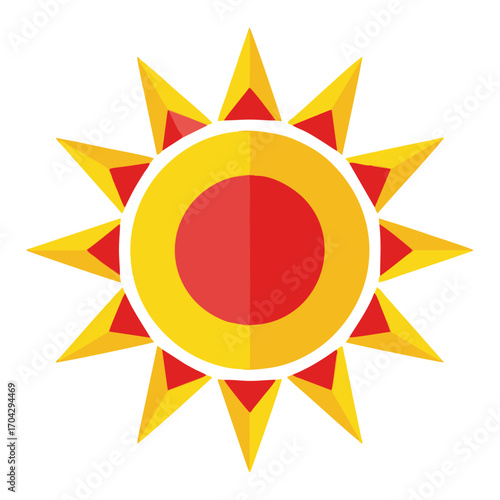 Stylized Sun Icon with Yellow Rays and Red Center, Geometric Design.