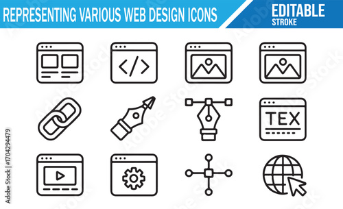 Modern outline icons for web development, design, and digital platforms