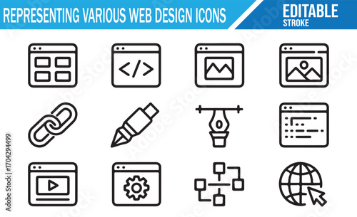 Internet and coding icon set with browser, globe, and gear elements