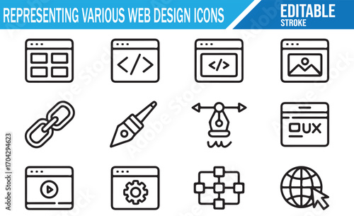 Web layout and responsive design symbols in modern editable line style