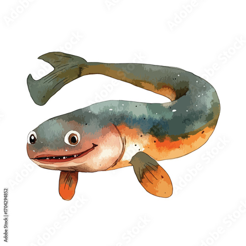 Watercolor Illustration of a Smiling Prehistoric Fish
