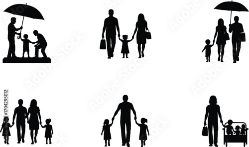 Silhouettes of family members holding hands, walking together, protecting children with umbrella, representing unity, care, love, and togetherness concept vector illustration