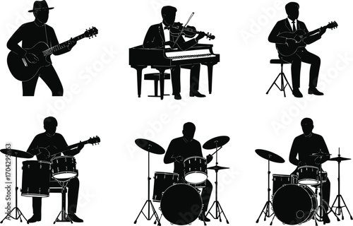 Silhouettes of Musicians Playing Guitar, Drums, Piano, and Violin — Live Band Instrument Performance Vector Art Illustration