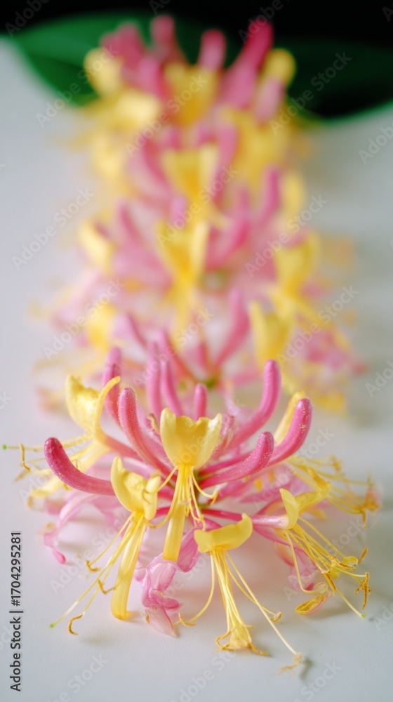 Fototapeta premium Close-up view of honeysuckle flowers showcasing vibrant yellow and pink tubular blooms against a soft white background