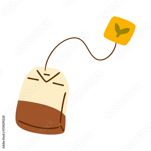 Tea bag illustration with string and tag. Minimal concept of hot drink, herbal infusion and natural beverage ingredient. Perfect for food packaging, cafe menu, kitchen design and wellness themes.