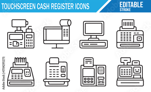Editable stroke cash register symbols for checkout, sales, and electronic shop devices