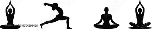Yoga pose silhouette vector set with women meditating and stretching in various seated and standing yoga positions for wellness design.