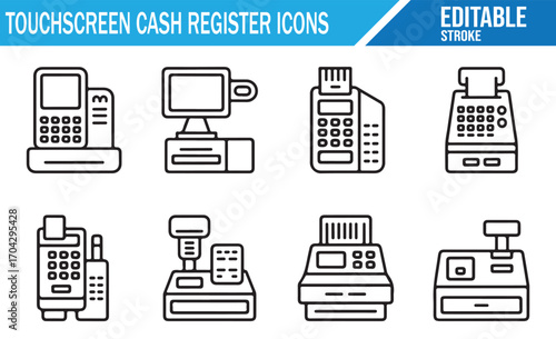 Outline style payment terminal and cash register icons for business and finance design