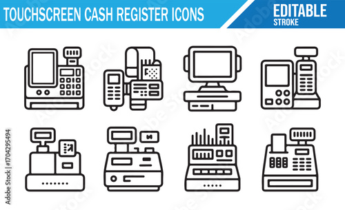 Editable touchscreen cash register icon set for retail and POS system illustrations
