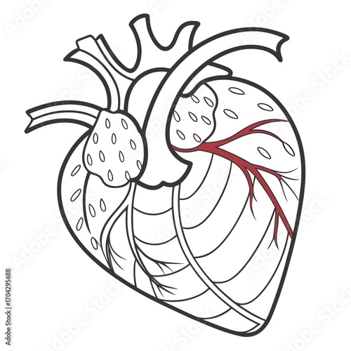 Anatomical line drawing of a human heart with a highlighted red coronary artery.