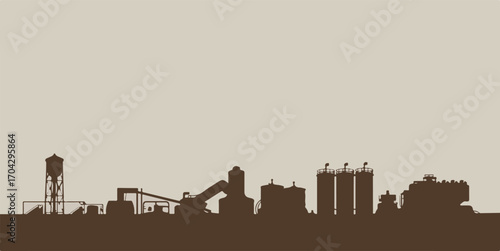 Industrial Site Silhouette Vector Illustration Depicting Manufacturing and Construction