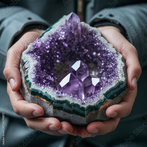 Hands holding natural geode crystal with sparkling amethyst inside