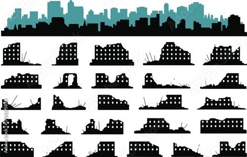 City Ruins Silhouette Vector Illustration Depicting Urban Decay and Post-Apocalyptic Scenarios