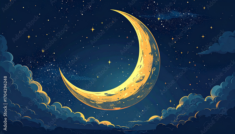 Naklejka premium A crescent moon illuminated against a starry night sky, with clouds. The moon casts a warm glow amidst a dark, atmospheric backdrop