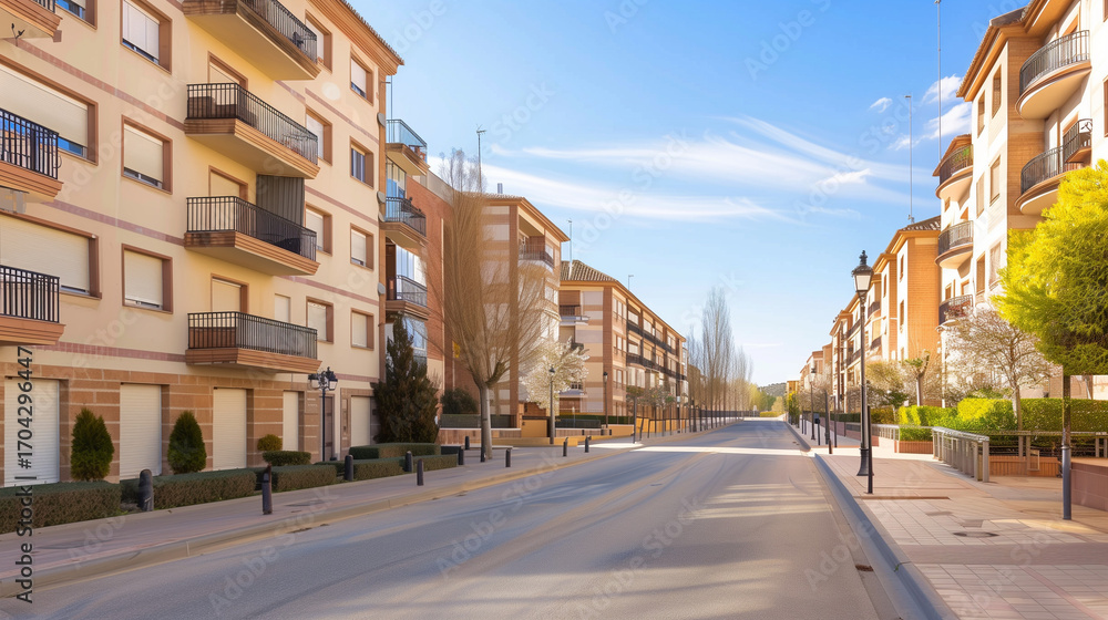 Fototapeta premium Generic stock image of a residential urban street with apartment buildings, balconies, asphalt road and sidewalks, created for real estate and housing use in southern Europe. Not a specific location.