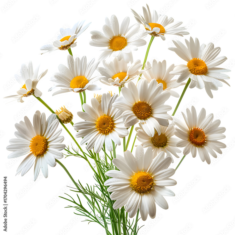 Fototapeta premium Daisies floral arrangement fresh cut flowers bouquet spring blossoms isolated transparent background in clear view with natural colors and sharp focus on a plain background. Simple clean style for sto