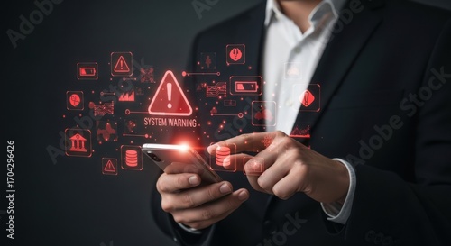 Businessman using smartphone with warning icons and alert symbols in a digital network