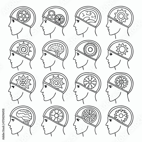 Set of human head profiles with mechanical gears and brains, symbolizing different modes of thinking and intelligence.