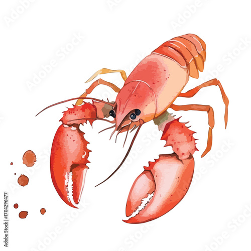 Watercolor Illustration of a Vivid Red Lobster with Detailed Claws and Antennae
