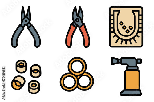 A set of tools for jewelry making. The tools include pliers, wire cutters, and a soldering iron. Vector.